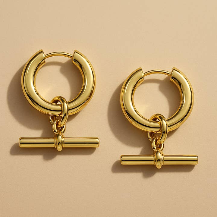 T Bar Hoops Earrings 18k Gold Plated Waterproof PVD Jeweller for wholesale by Gold Lunar
