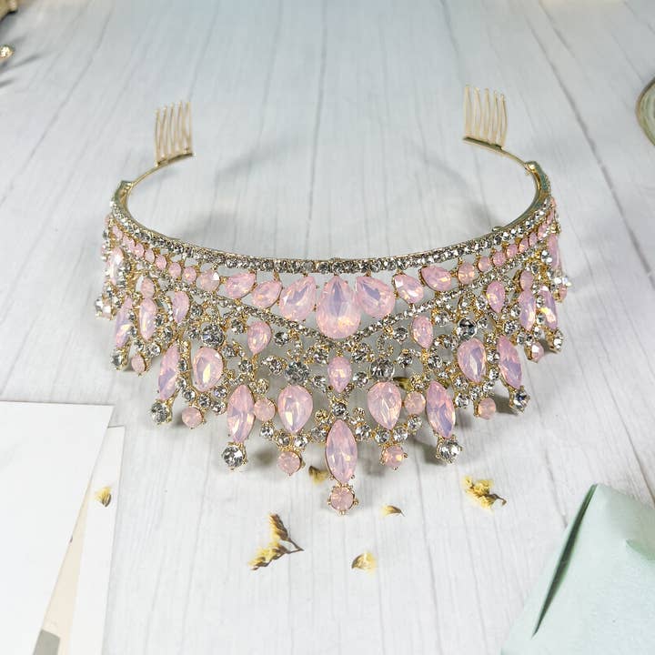 Happy Dream Gifts – wholesale Tiara – Dam – Rosa ädelsten Tiara, Brudbröllop Guldkrona, Festkrona