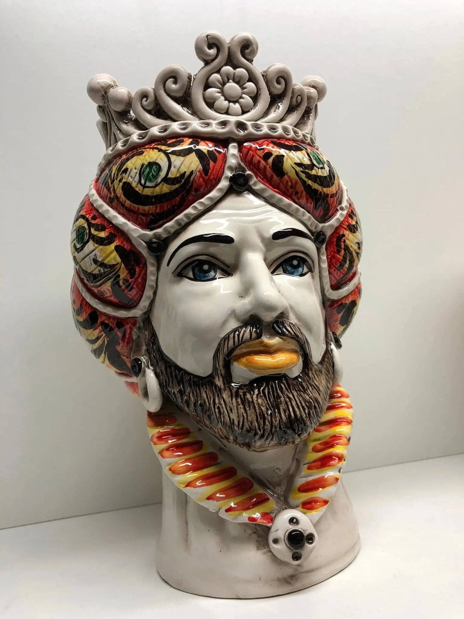 DD Ceramiche Siciliane - Vendita all'ingrosso Statuette decorative - Teste di Moro Normanna Ceramica Caltagirone Linea cm H.30 L.19 Artigianale Giallo Arancione7
