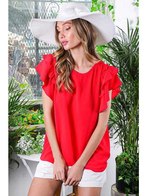 Vine & Love - Wholesale Blouse - Women's - Ruffle Detail Sleeve Round Neck Woven Blouse Top VT81609