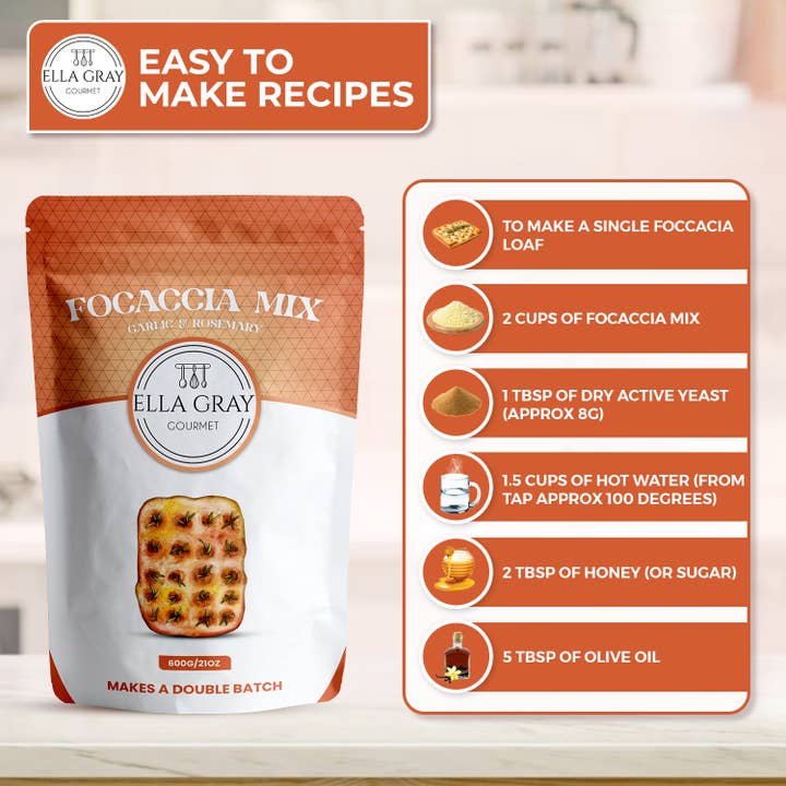 Ella Gray Gourmet - Vente Mélange pour pain - Mélange de focaccia à l'ail et au romarin5