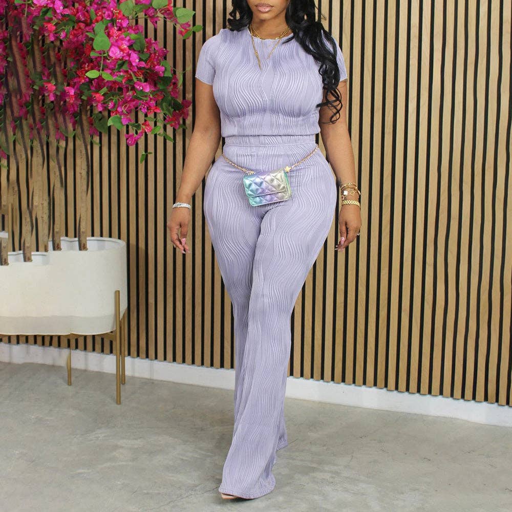 MB Fashion Wholesale - Wholesale Top & Pant Set (NOT Loungewear) - Women's - MB FASHION Wavy Textured Short-Sleeve Top Pants Set 272LY2