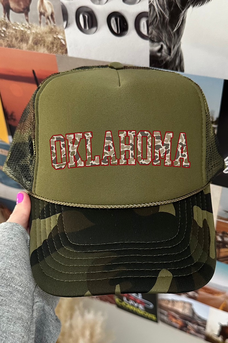 Wholesale Accessory Market - Wholesale Trucker Hat - Women's - Crimson Oklahoma Camo Otto Camo with Moss Green Foam Front Trucker Hat0