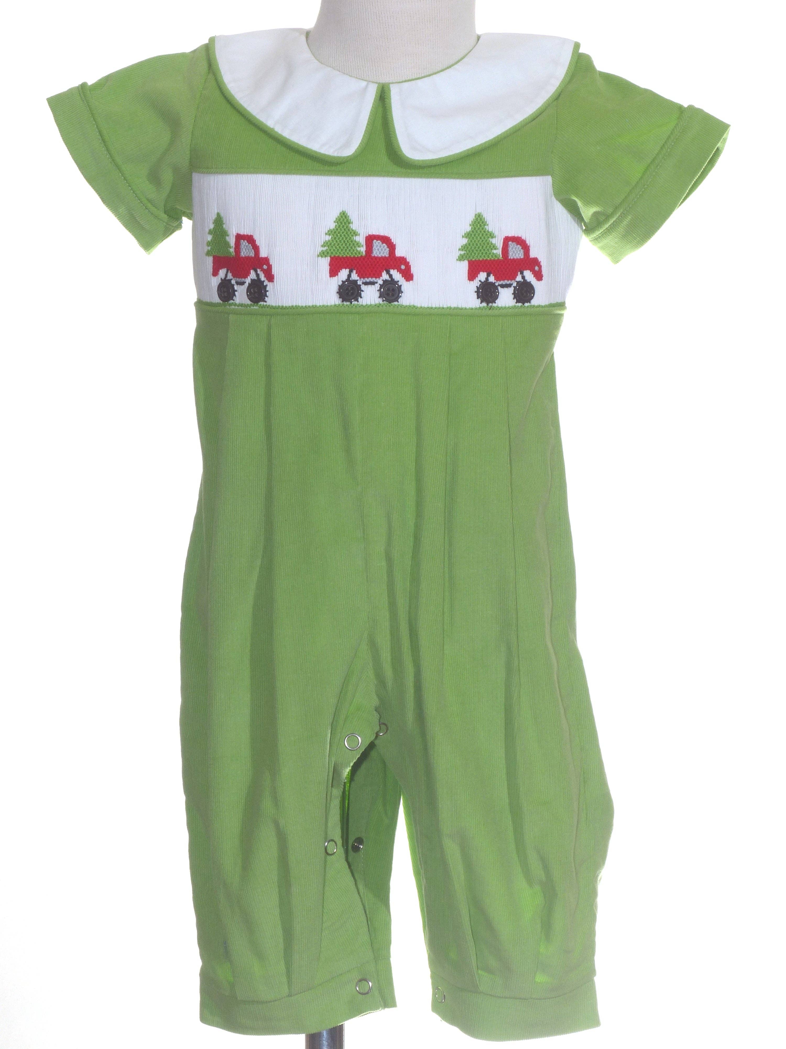 Hello Bebes! - Wholesale Jumpsuit - Baby - Green Corduroy Christmas Trees On Truck Smocked Boy Romper0
