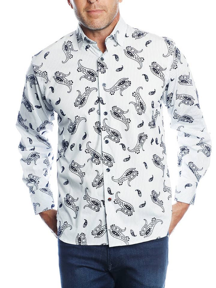 Wit met Blauwe Strepen & Zwarte Paisley Flocking (Groot & Lang) voor wholesale door Luchiano Visconti