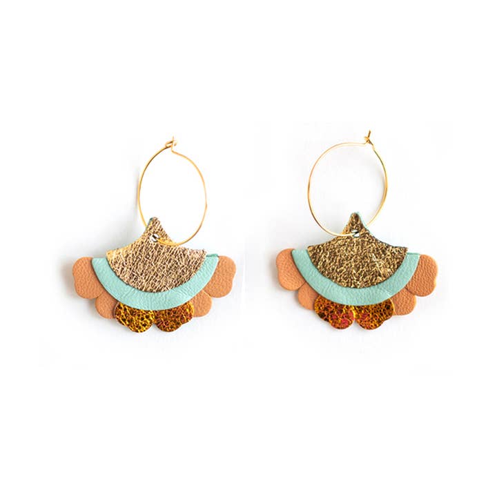 Fan Petal Earrings – Gold Blue Yellow Orange Leather for wholesale by Chenoha Studio
