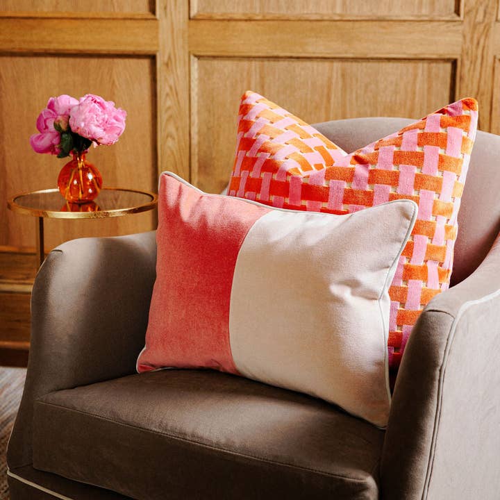 Gwen Candy - Bubblegum Pink & Orange Cut Velvet Throw Pillow for wholesale on Faire3