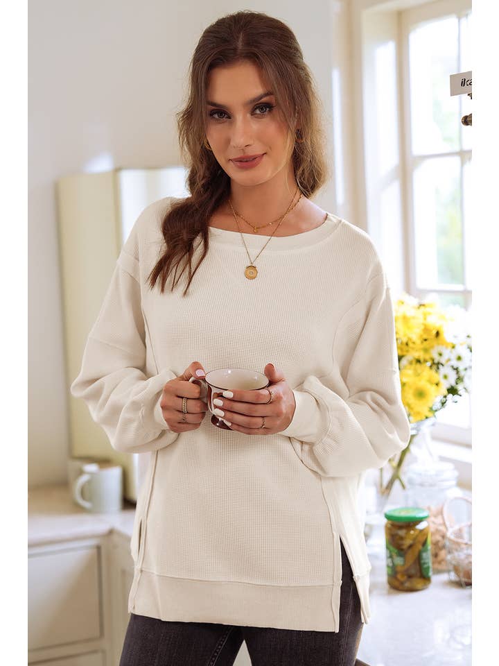 1 the Woman - Wholesale Sweatshirt - Women's - Waffle Knit Bishop Sleeve Split Oversized Sweatshirt