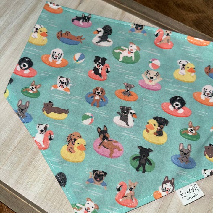 K and M Collars, LLC - Wholesale Pet Bandana - Dog - Dogs On Floats Reversible Dog Bandana, Swimming, Water