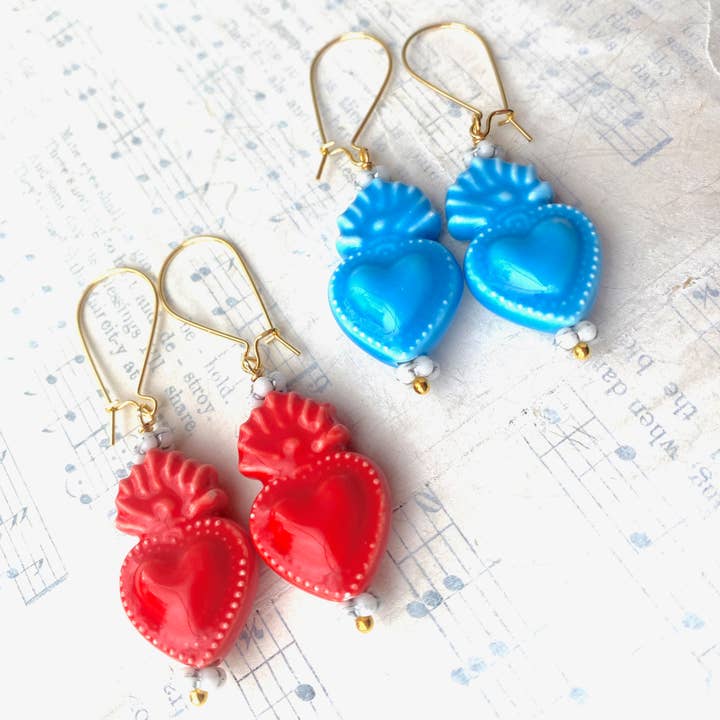 Red Truck Designs - Wholesale Dangle Earrings - Heart Earrings Blue Ceramic Sacred Heart Turquoise Southwest
