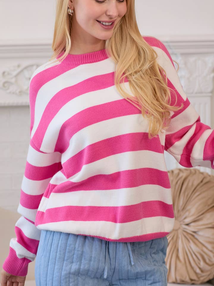 Pink & White Stripe Knit Sweater – Soft Cozy Pullover for wholesale by Main Strip