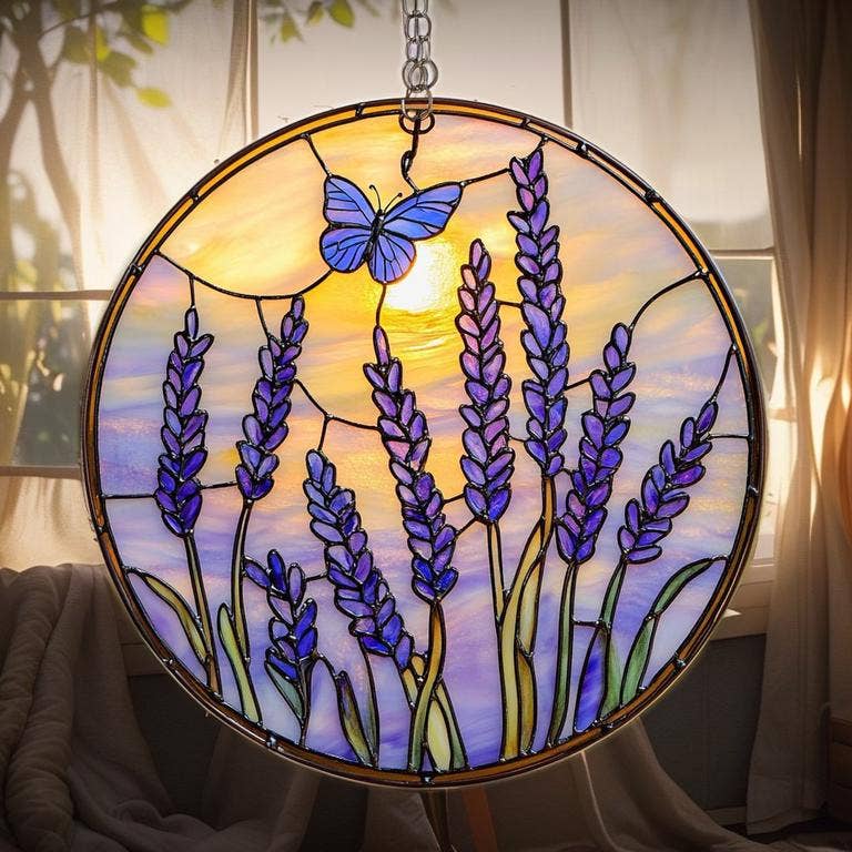 TMLECOM LTD – wholesale Ornament – Lavender Butterfly Suncatcher, Faux Stained Glass Hanging0