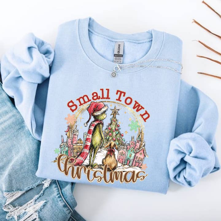 Posh Magnolia Boutique - Wholesale Graphic Sweatshirt - Women's - Small Town Christmas Green Guy Inspired Gildan Sweatshirt 1