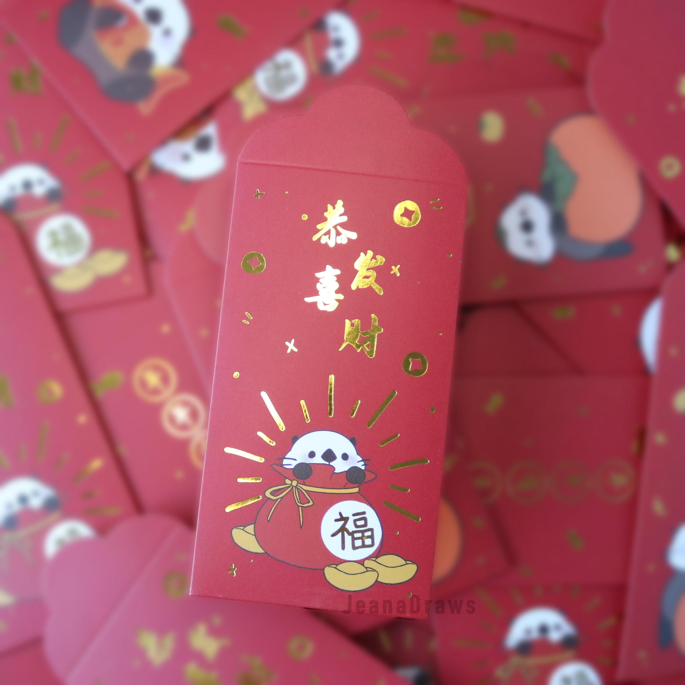 JeanaDraws - Wholesale Stationery/Notecard Set - Otter Red Envelopes (Hong Bao/Li Xi)1