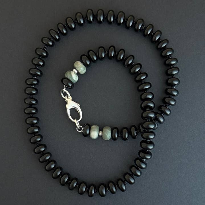 Midnight Moss: Black Onyx and Jasper - Natural Beaded Gemstone Necklace for wholesale by SOLO jewelry