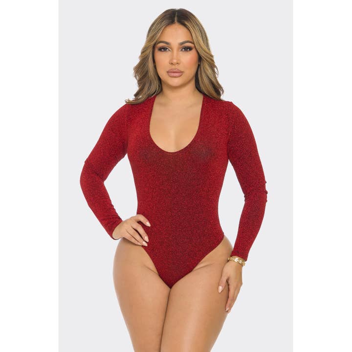 J7514 Lurex V Neck Bodysuit for wholesale by Uptown Apparel