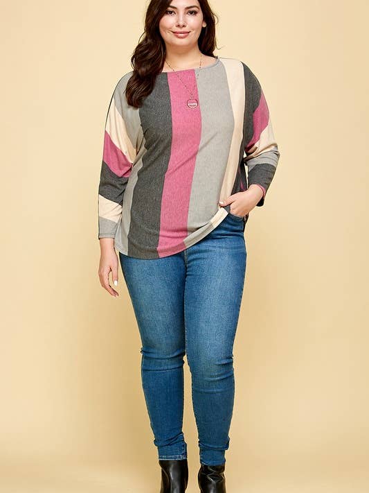ETK-8579-PL Plus Size Gestreepte Dolman Mouwen Top voor wholesale door Emerald Collection