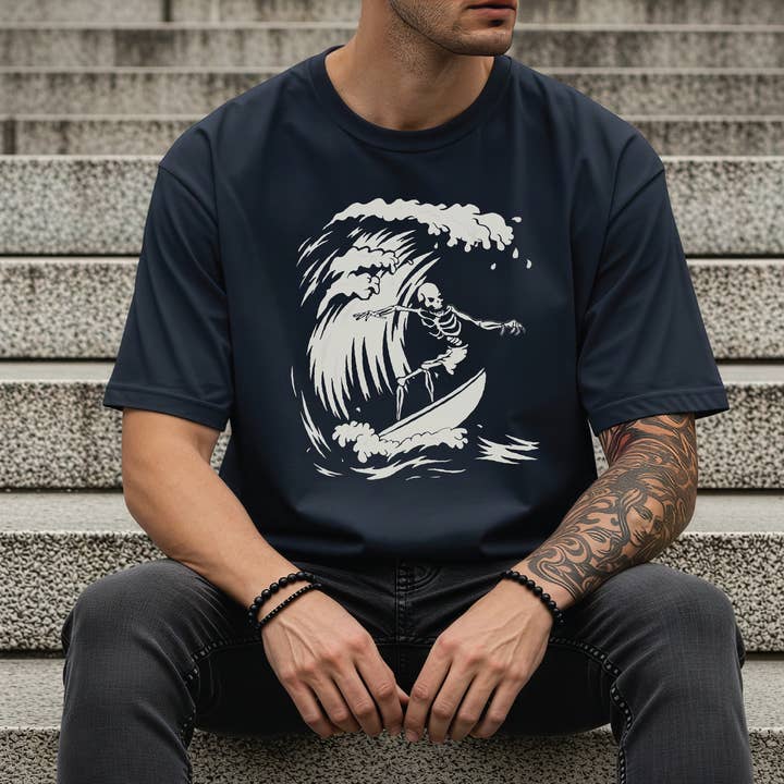 🏄 Surfer Ghoul Tee – Skeleton Surf Graphic – Unisex Sizing for wholesale by Homeward Threads