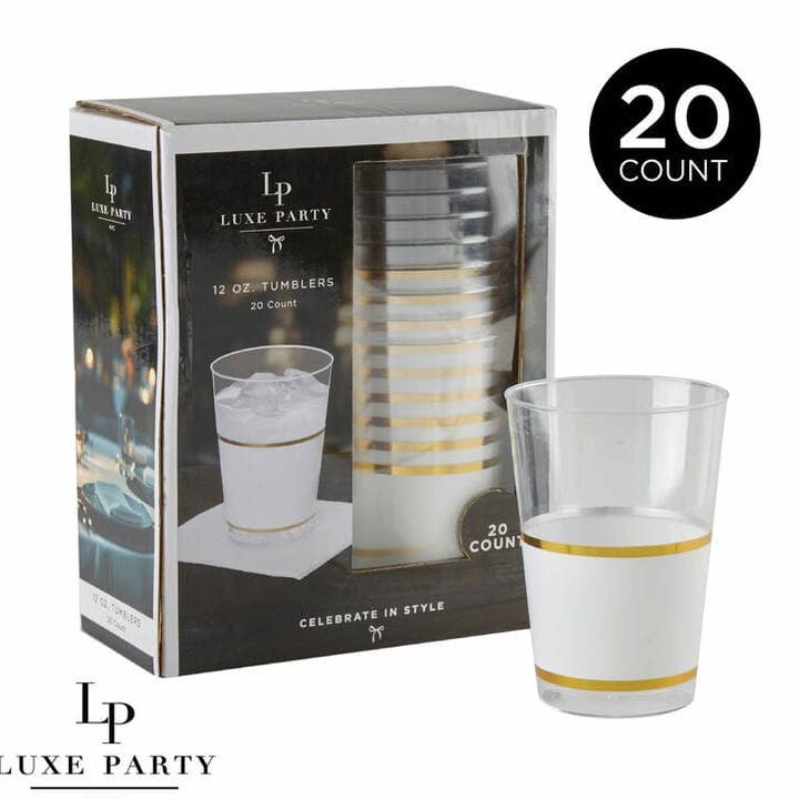 White and Gold Plastic Cups | 20 Cups for wholesale by Luxe Party