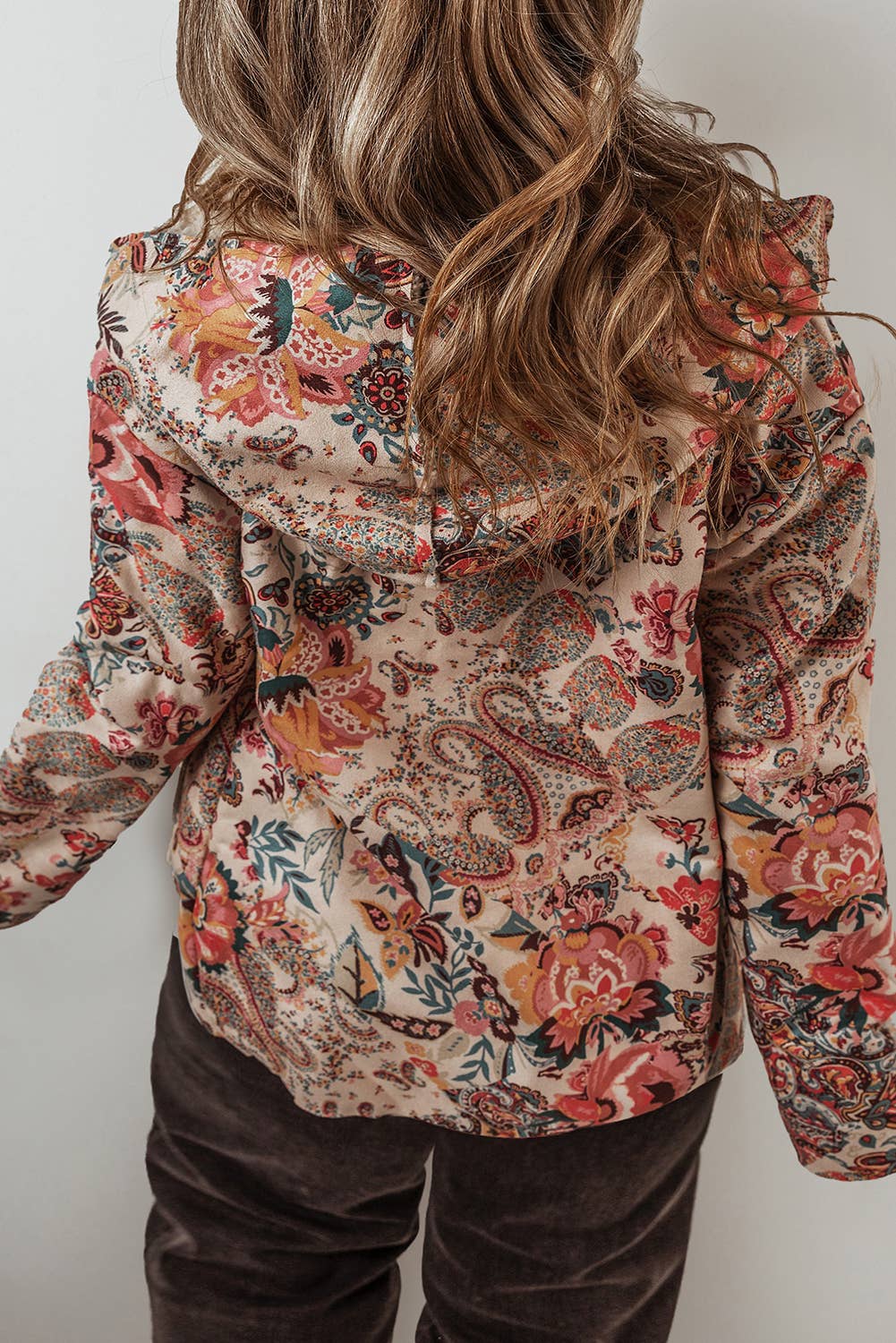 As shown Fashion-W Vintage Paisley Floral Sherpa Lined Hooded Jacket for wholesale on Faire1