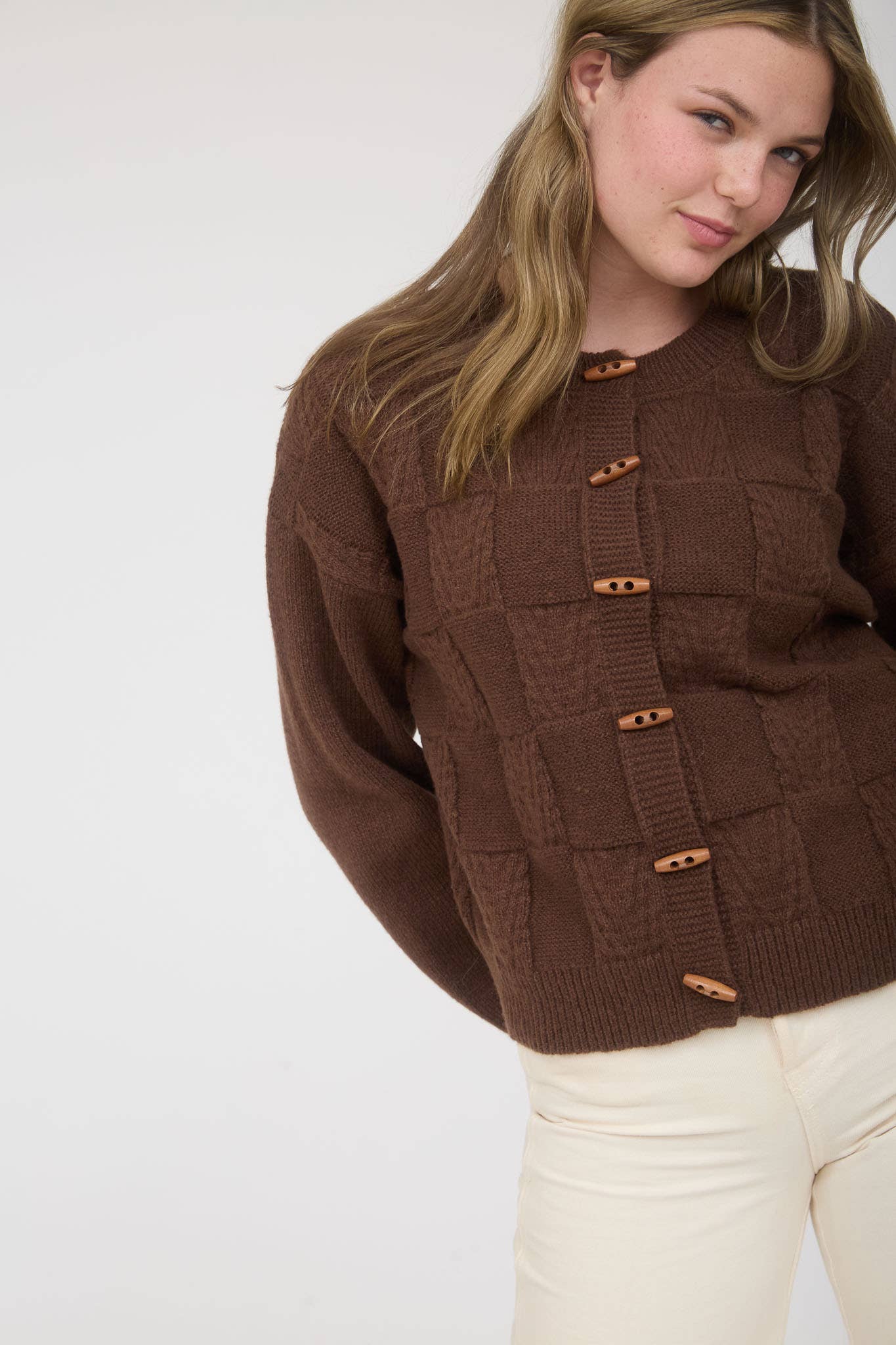 Blu Pepper - Wholesale Knit Sweater - Women's - CHECKERED TOGGLE BUTTON DOWN KNIT CARDIGAN11