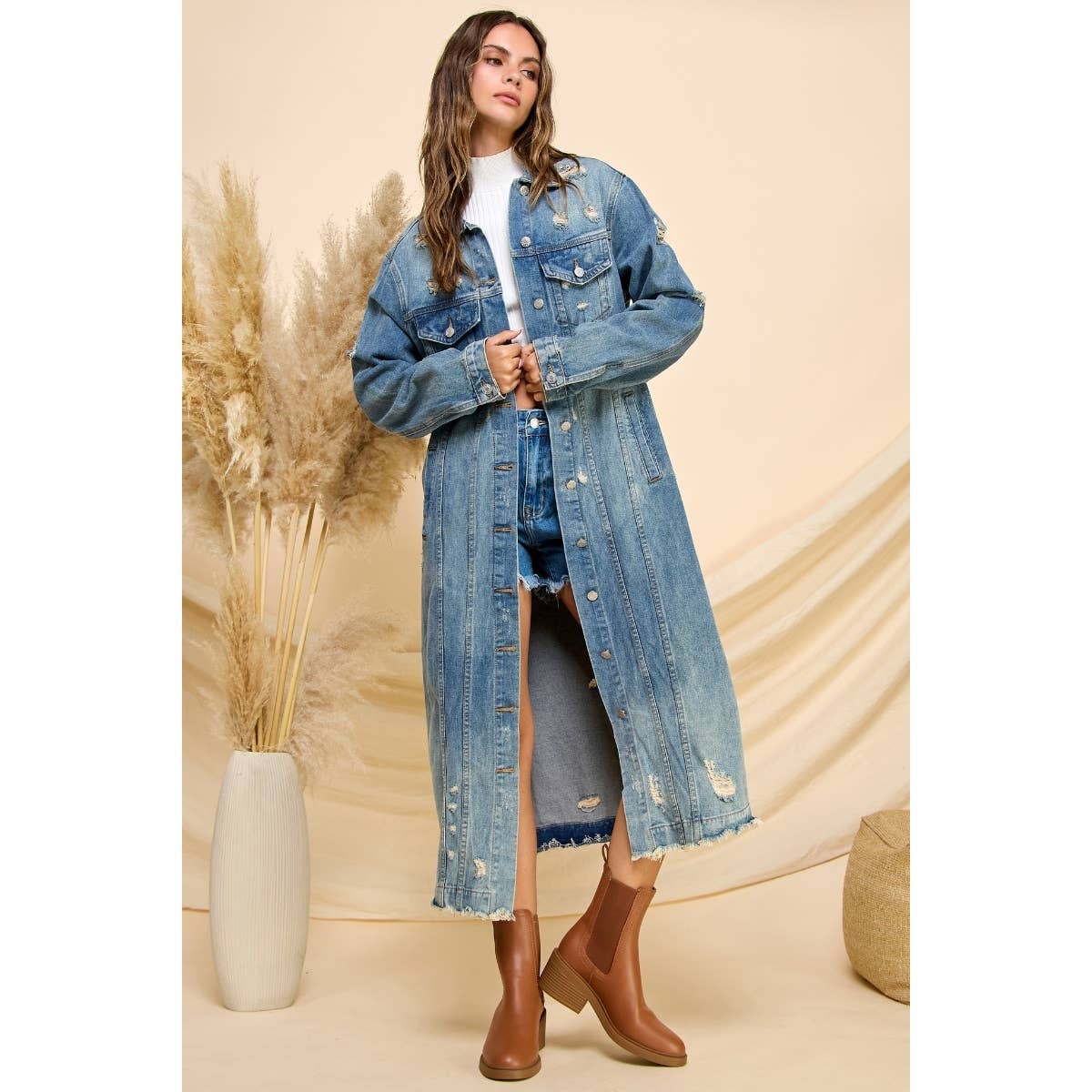 Med Wash Distressed Long Denim Jacket for wholesale on Faire7