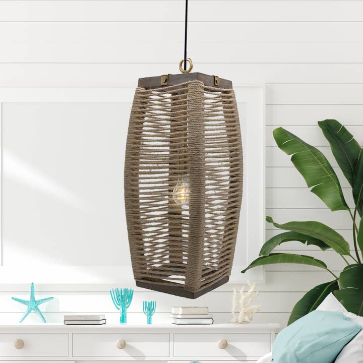 River of Goods - Wholesale Chandelier/Hanging Light - 20"H Thalia Beige Cylinder 1-Light Rope Hanging Pendant Lamp3