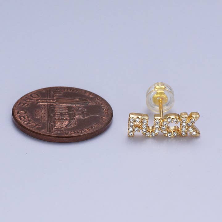 Aim Eternal - Wholesale Stud/Post Earrings - Dainty 16K Gold Filled "FUCK" Script Micro Paved CZ Stud Earrings | Y273