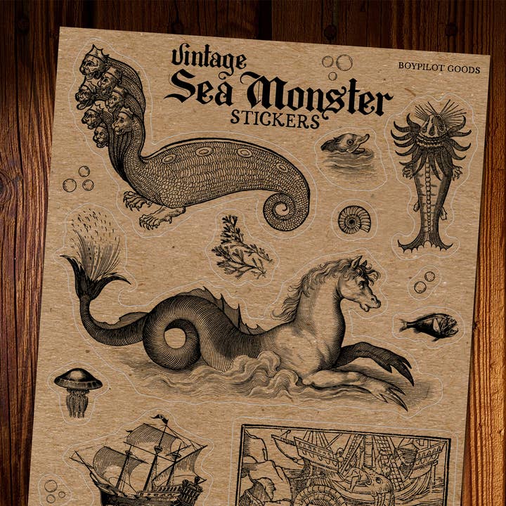 Sea Monsters Sticker Sheet - Vintage Creepy Art Stickers for wholesale by BoyPilot Goods