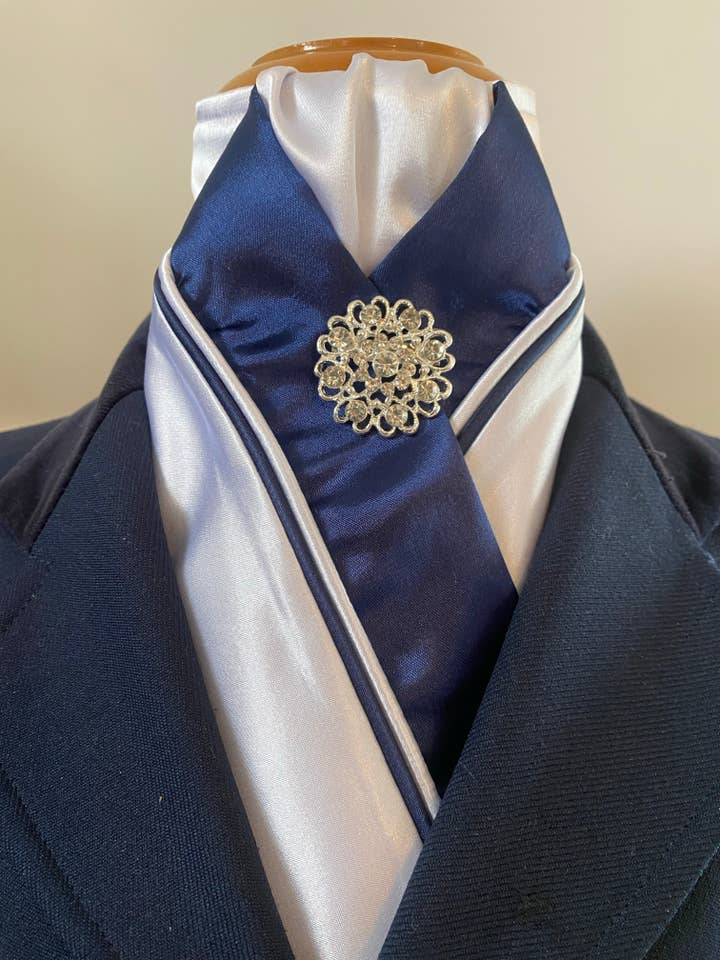 HHD ‘Grace’ Custom White & Navy Dressage Stock Tie Rhinestone Pin for wholesale by Heavenly Horse Designs