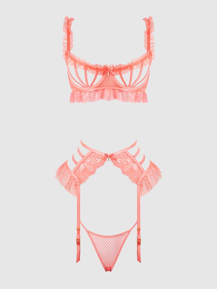 House of Desire - Wholesale Lingerie Set - Women's - PORTIA SWISS DOT CUTOUT BRA, GARTER & THONG SET
