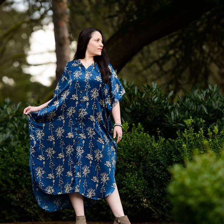 Ichcha - Wholesale Kaftan - Women's - Indigo Silky Blockprint luxurious soft kaftan Dress -Opuntia