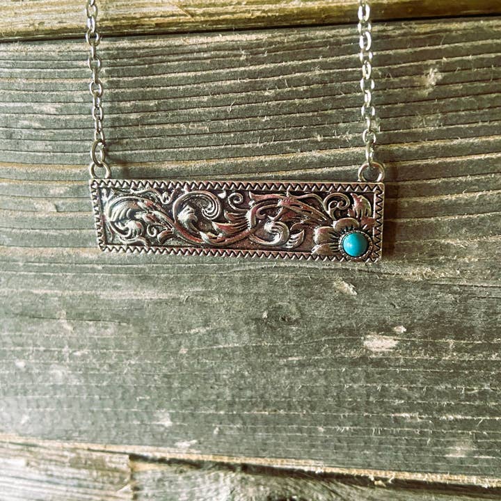 Texas Western Cowhide Bags and More - Wholesale Pendant/Charm Necklace - Tooled Bar Silver Necklace with Turquoise Accent1
