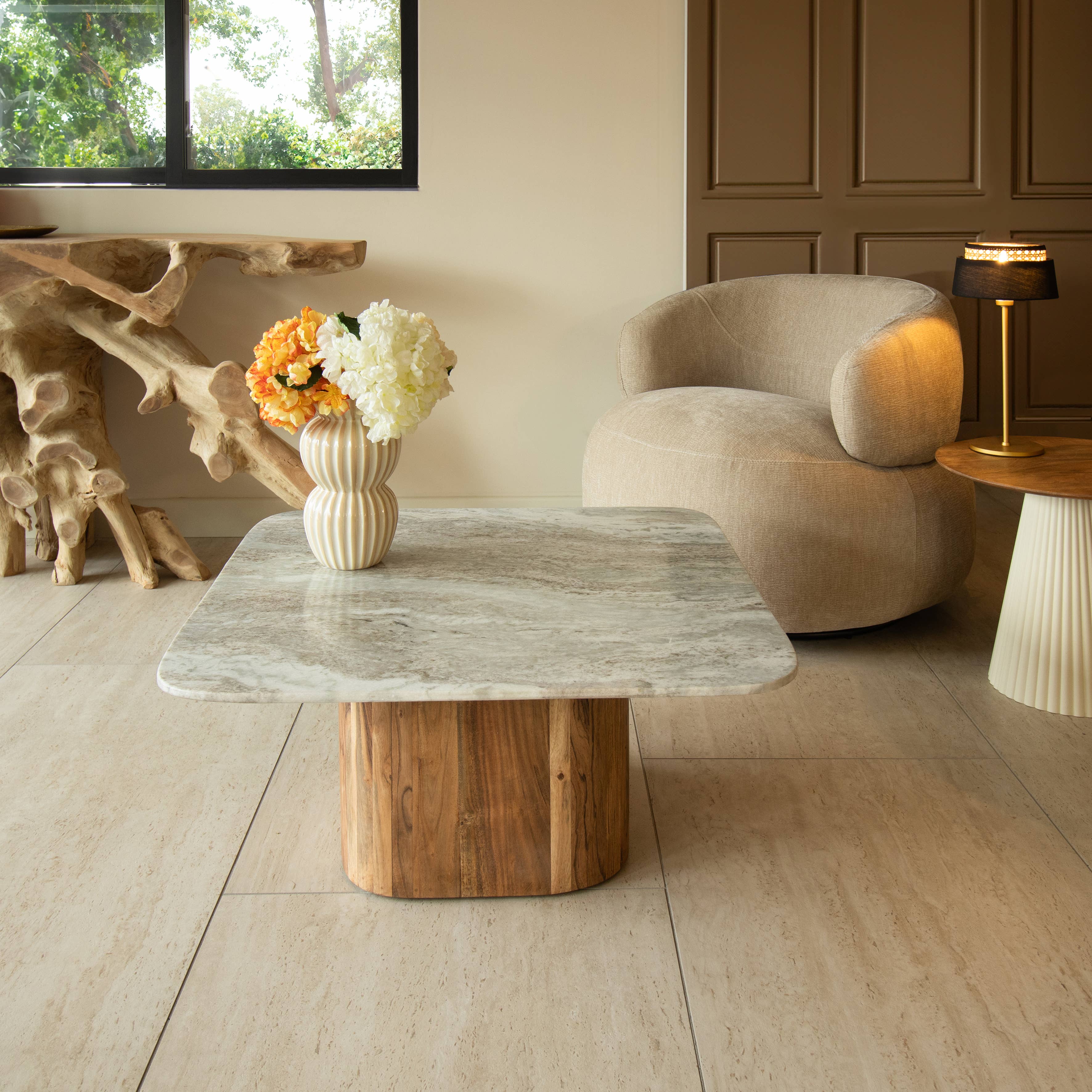 Now's Home - Wholesale Coffee Table - BERGEN GRAY MARBLE AND WOOD COFFEE TABLE 80X80X36CM