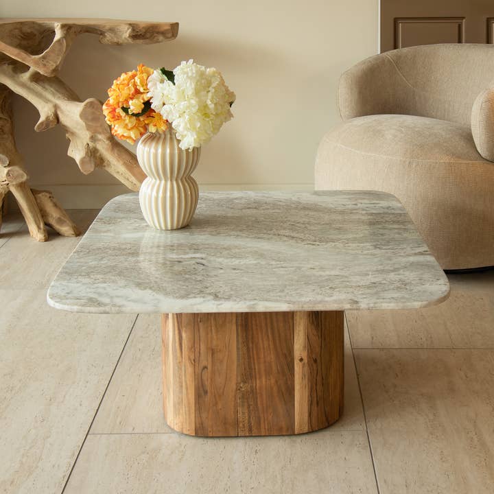 Now's Home - Wholesale Coffee Table - BERGEN GRAY MARBLE AND WOOD COFFEE TABLE 80X80X36CM0
