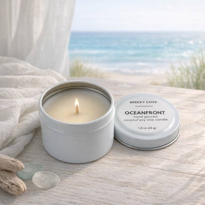 Oceanfront Beach Candle, Mini Tin Candle, Coconut Soy for wholesale by Breezy Cove