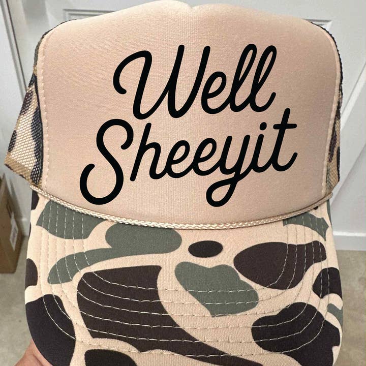 Southern Attitude Designs Inc - Wholesale Trucker Hat - Women's - Well Sheeyit DTF Printed Duck Camo and Tan Trucker Hat0