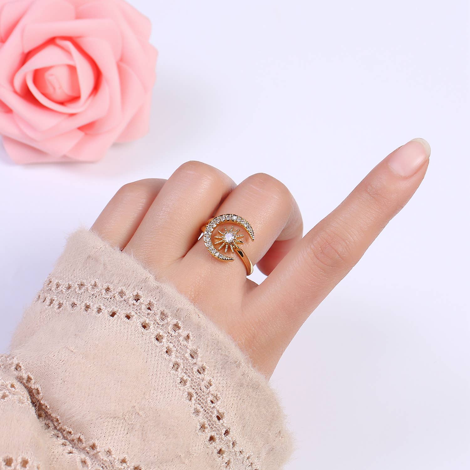 Aim Eternal - Wholesale Multi-Stone Ring - Elegant Micro Pave Gold/Silver Moon & Star Adjustable Ring3