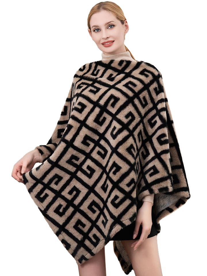 Cap Zone - Wholesale Poncho - Women's - Greek Key Print Fluffy Faux Fur Pullover Poncho