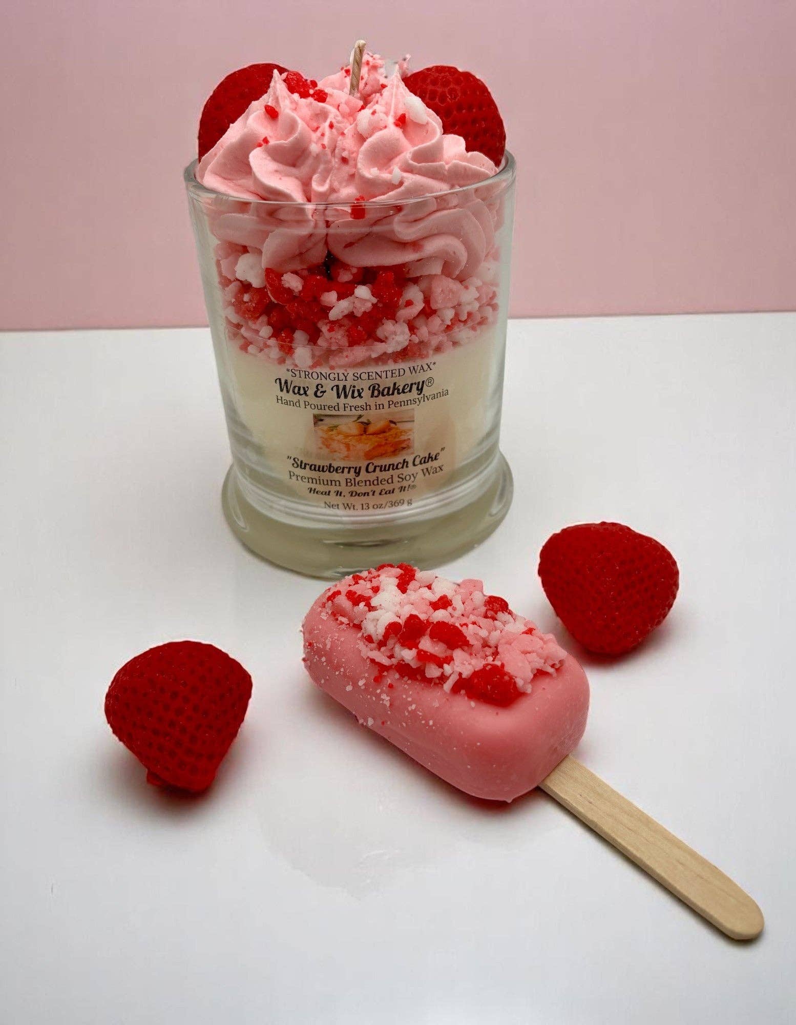 Wax and Wix Bakery® - Wholesale Jar/Filled Candle - Strawberry Crunch Cake Candle.13 oz. Large Dessert Candle1