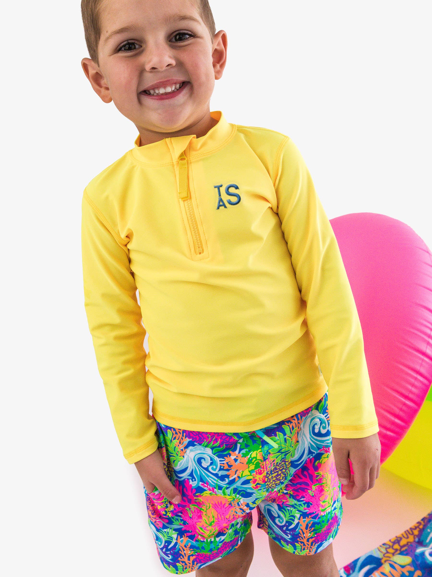 Multi Color Boys Neon Ocean Coral Performance Hybrid Swim Trunks for wholesale on Faire7