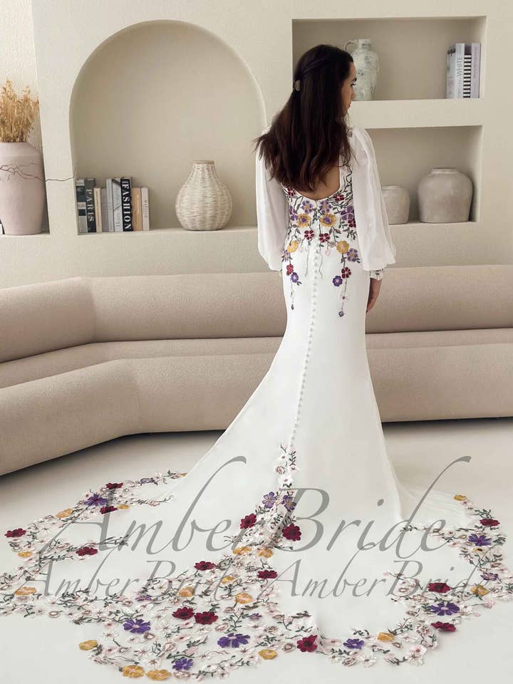 Modern Mermaid Wedding Dress with Multicolored Floral Embroidery and Long Puff Sleeves for wholesale by Amber Commerce Group, MB