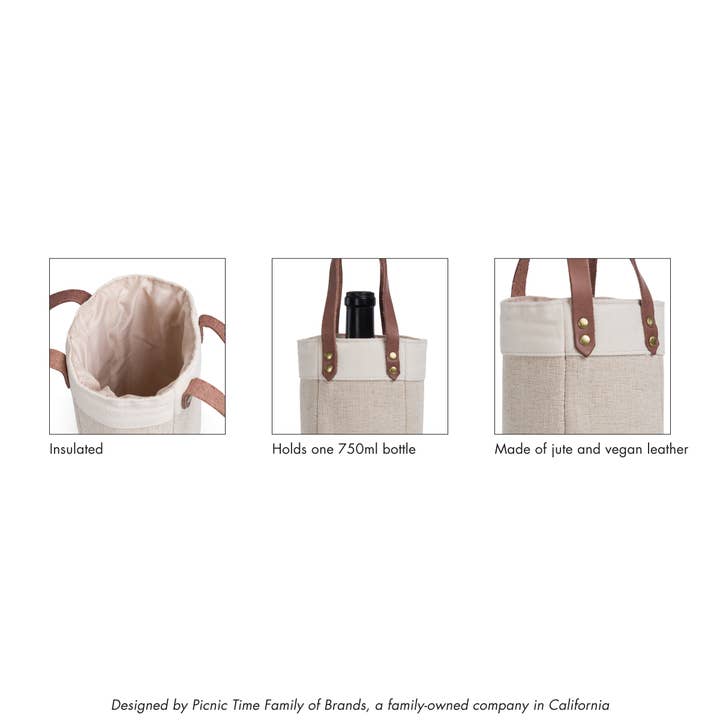 Picnic Time Family of Brands - Wholesale Wine Tote - Pinot Jute Single Bottle Insulated Wine Tote Bag4