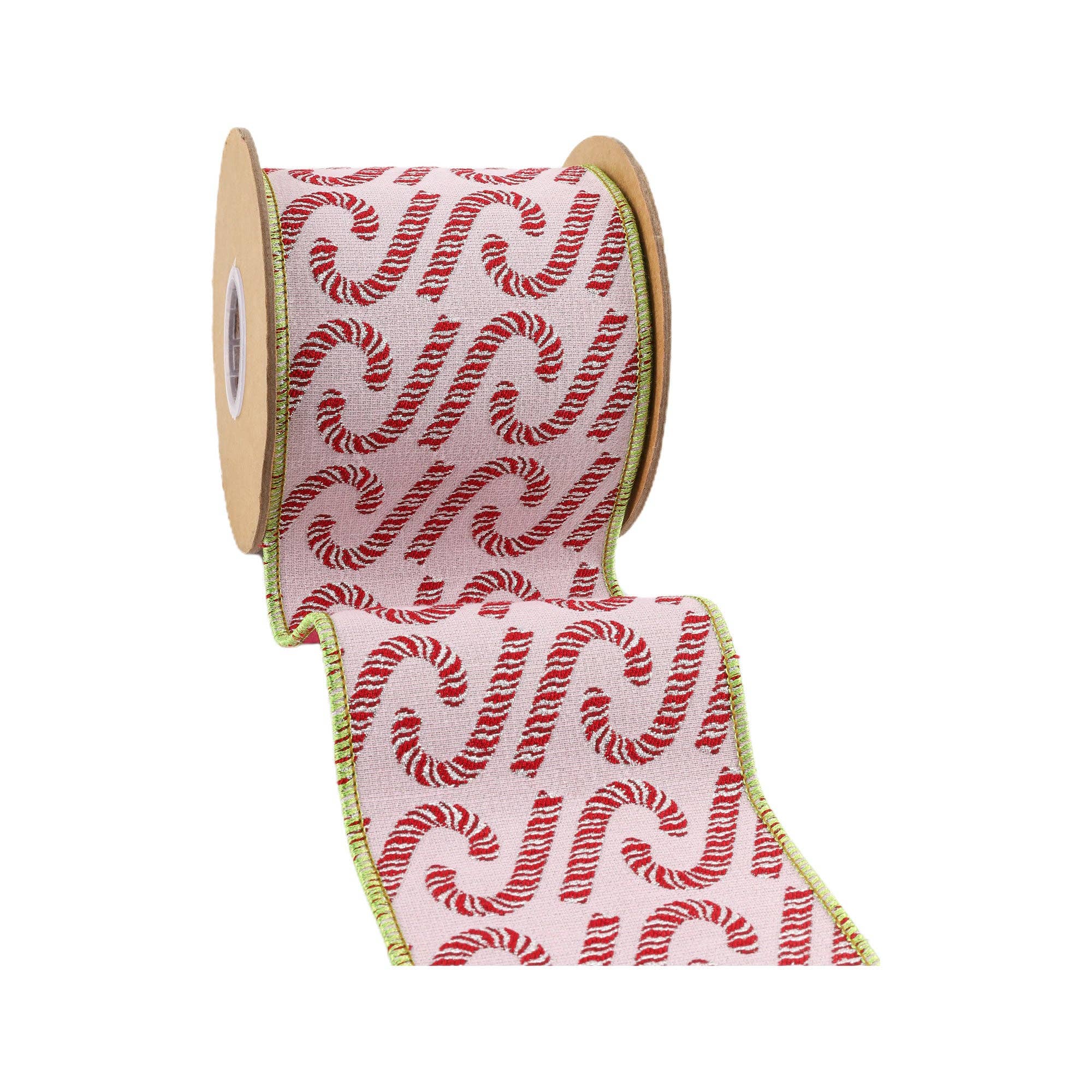 LA Ribbons Wholesale - Wholesale Ribbon - Gift Wrapping - 4" Wired Jacquard Ribbon | Candy Cane on Pink w/ Dupioni Backing | 5 Yard Roll1