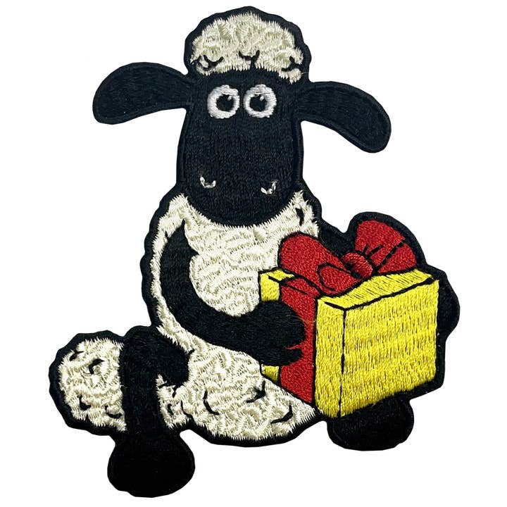 Shaun with Present Sew On Patch for wholesale by Pawprint Family
