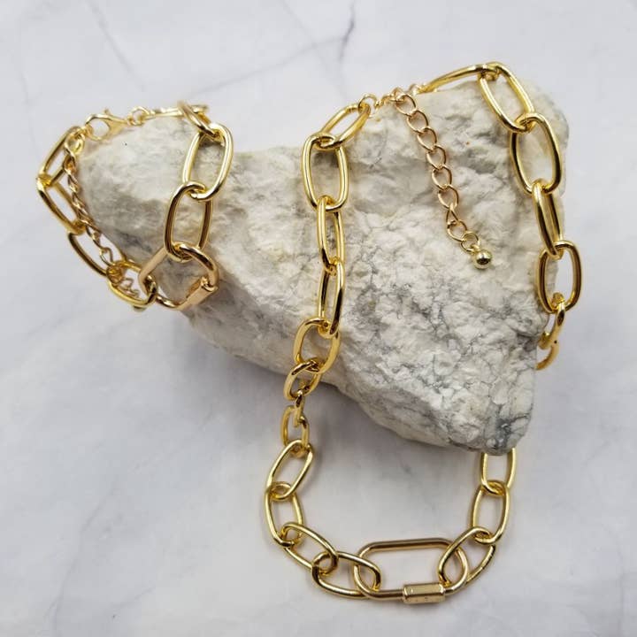 Gold Plated Carabiner Necklace and Bracelet Set for wholesale by The Pretty Jewellery