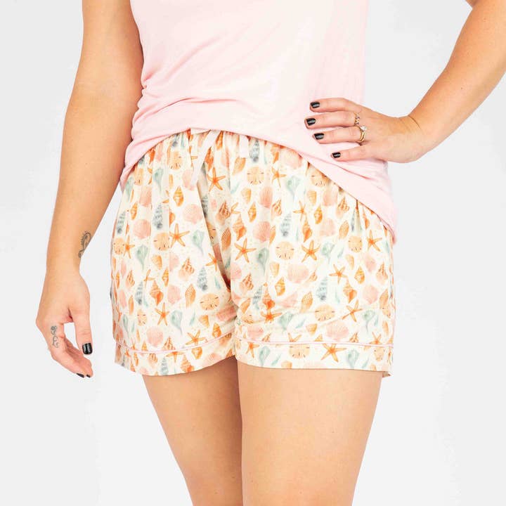 Beige Multi Sandy Seashells Womens Bamboo Pajama Shorts for wholesale on Faire