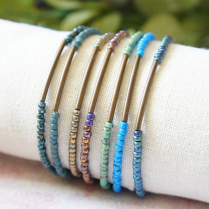 Turquoise And Blue Seed Beads And Bronze Bar Bracelet for wholesale by Sentimento