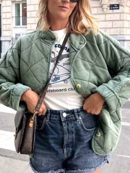 Diamond Lattice Quilted Stand Collar Cotton Jacket for wholesale by Rosa Clothing