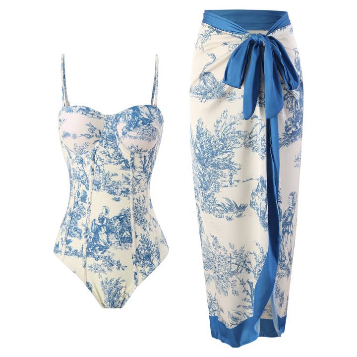 Dipped Shop - Wholesale Two Piece Swimsuit - Women's - Vintage Print Slim Fit Swimwear with Cover Dress DPSW1018